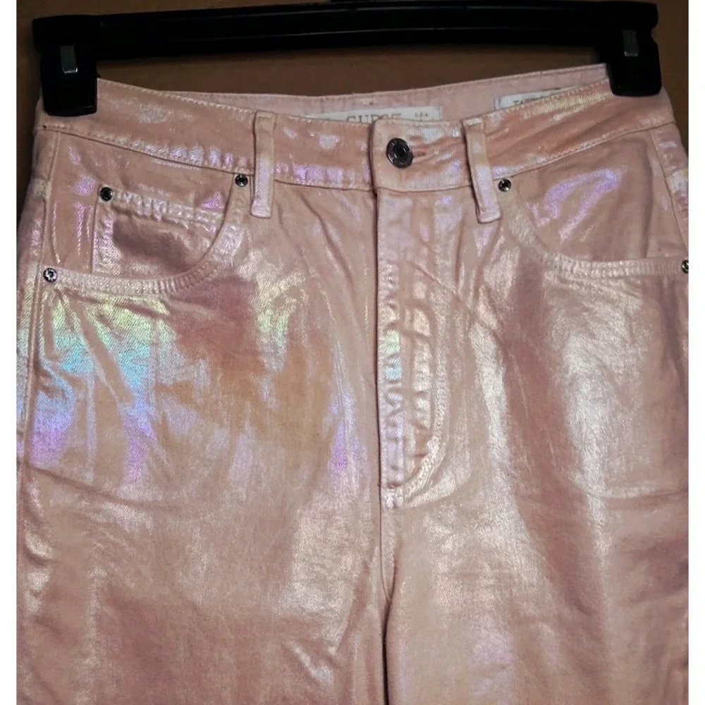 Guess Pink Mom Jeans Womens Size 28 High Waisted Tapered Metallic Rainbow 26x26
